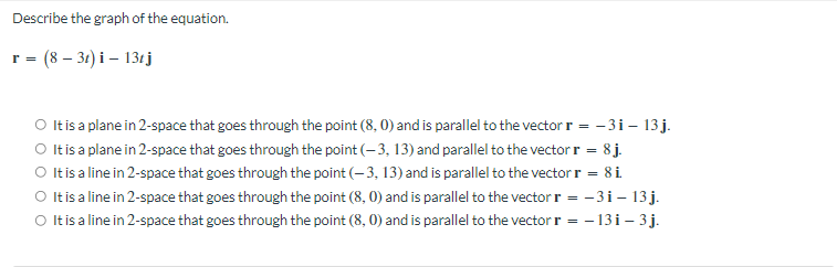 Describe The Graph Of The Equation R 8 31 I 131j It Is A Plane In 2 Space That Goes Through The Point 8 0 A 1