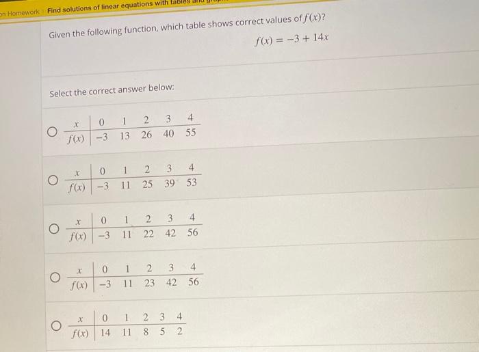 Given The Following Function Which Table Shows Correct Values Of F X F X 3 14x Select The Correct Answer Below 2