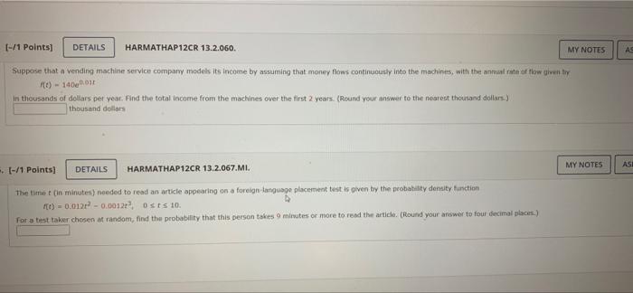 A I 11 Points Details Harmathap12cr 13 2 060 My Notes Suppose That A Vending Machine Service Company Models Its Income 1