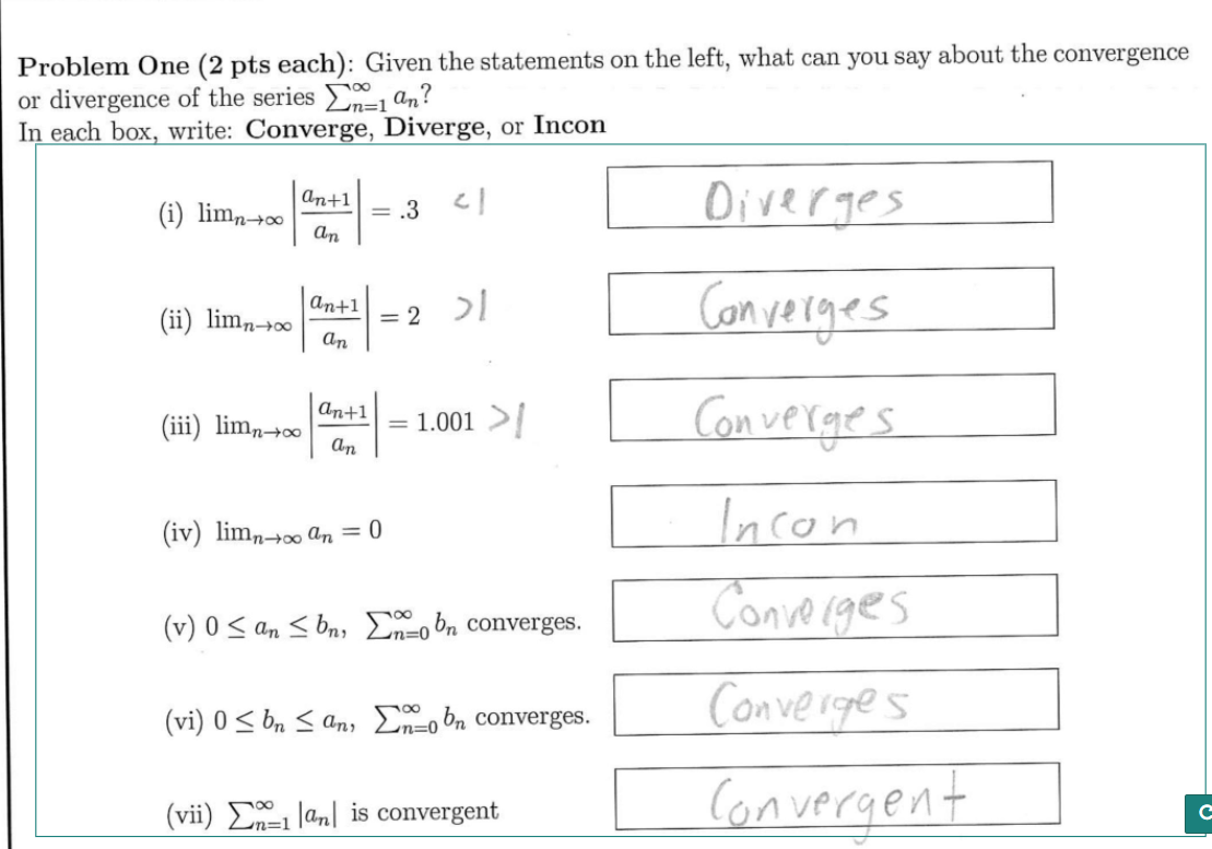 Problem One 2 Pts Each Given The Statements On The Left What Can You Say About The Convergence Or Divergence Of The 1
