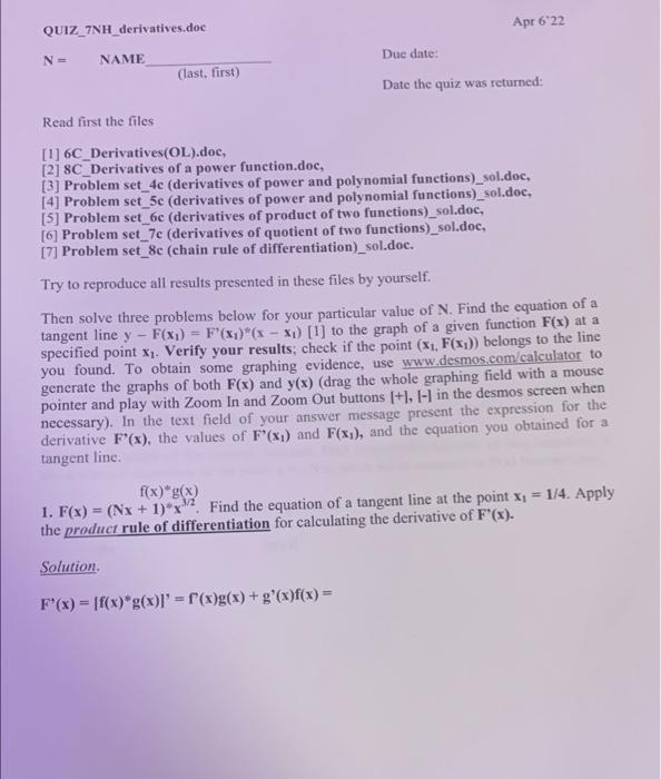 Quiz 7nh Derivatives Doc Apr 6 22 N Name Due Date Last First Date The Quiz Was Returned Read First The Files 1 6 1