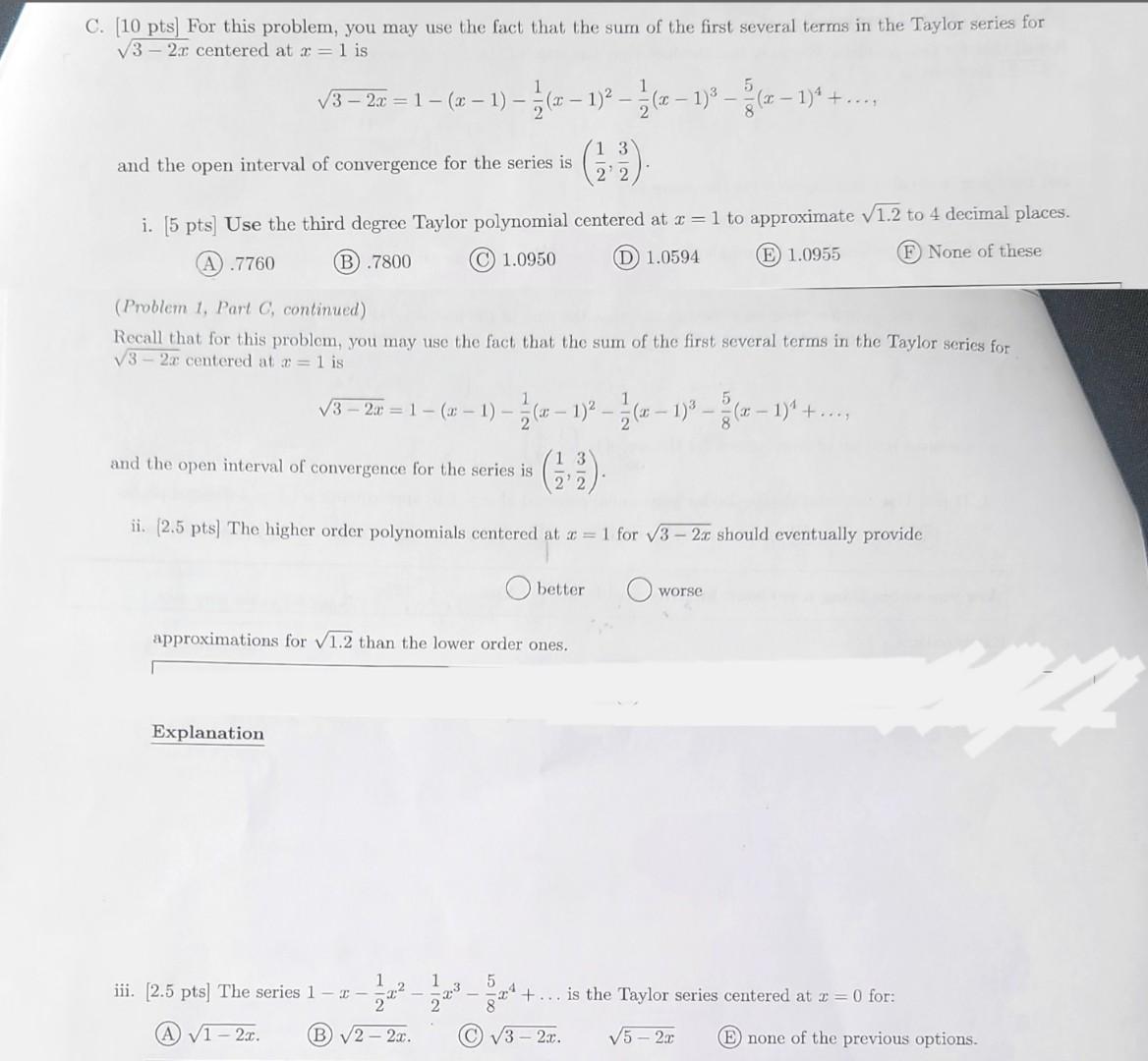C 10 Pts For This Problem You May Use The Fact That The Sum Of The First Several Terms In The Taylor Series For V3 1