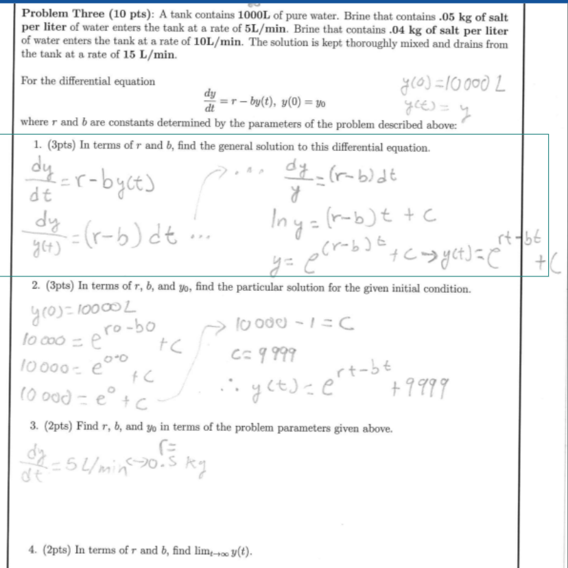 Yct Y Problem Three 10 Pts A Tank Contains 1000l Of Pure Water Brine That Contains 05 Kg Of Salt Per Liter Of Wa 1