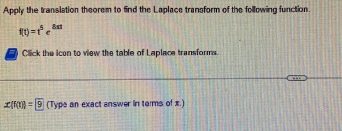 Apply The Translation Theorem To Find The Laplace Transform Of The Following Function F T 18 Click The Icon To View T 1