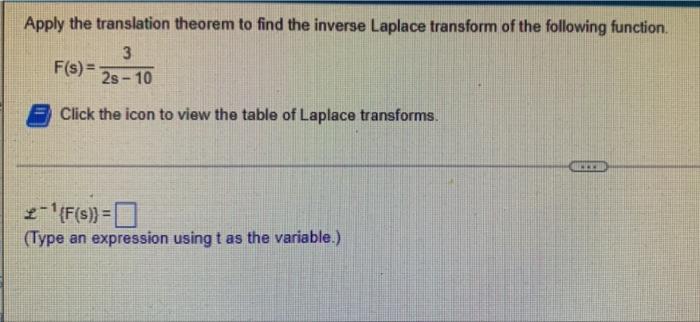 Apply The Translation Theorem To Find The Inverse Laplace Transform Of The Following Function 3 F S 2s 10 Click Th 1