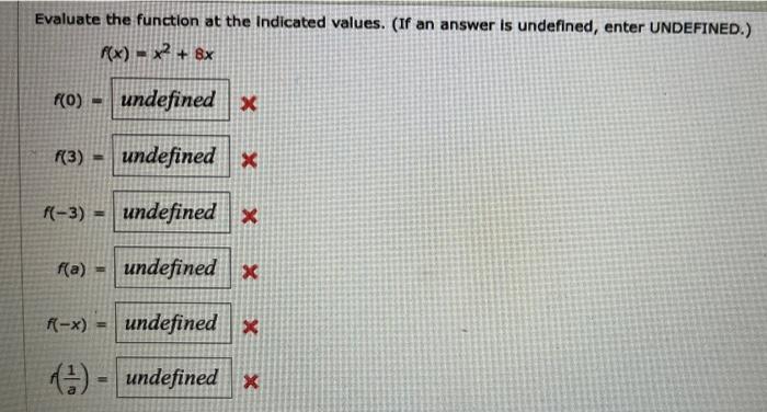 Evaluate The Function At The Indicated Values If An Answer Is Undefined Enter Undefined F X X2 8x F 0 Undefin 1