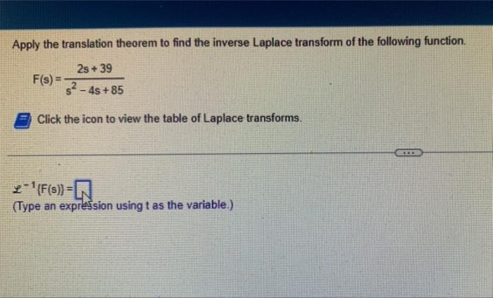 Apply The Translation Theorem To Find The Inverse Laplace Transform Of The Following Function 2s 39 F S S 4s 85 1