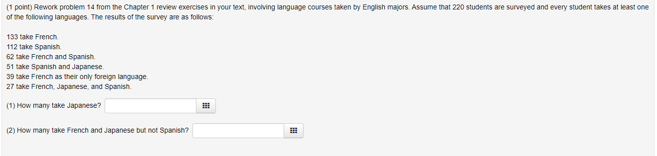 1 Point Rework Problem 14 From The Chapter 1 Review Exercises In Your Text Involving Language Courses Taken By Englis 1