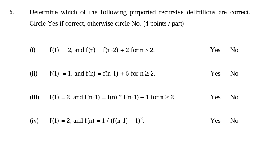 5 Determine Which Of The Following Purported Recursive Definitions Are Correct Circle Yes If Correct Otherwise Circ 1
