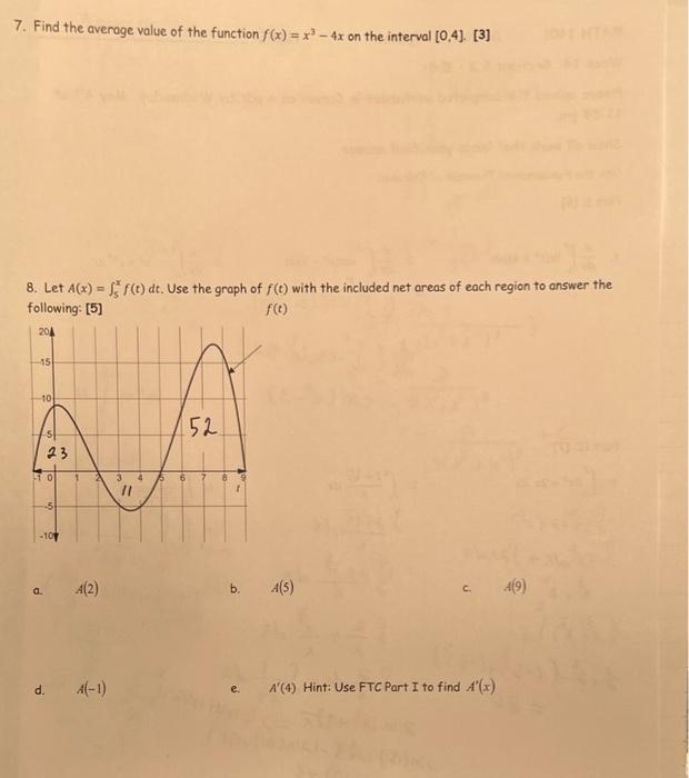 7 Find The Average Value Of The Function F X X 4x On The Interval 0 4 3 8 Let A X F T Dt Use The Graph O 1