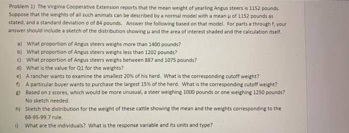 Problem 1 The Virginia Cooperative Extension Reports That The Mean Weight Of Yearling Angus Steers Is 1152 Pounds Supp 1