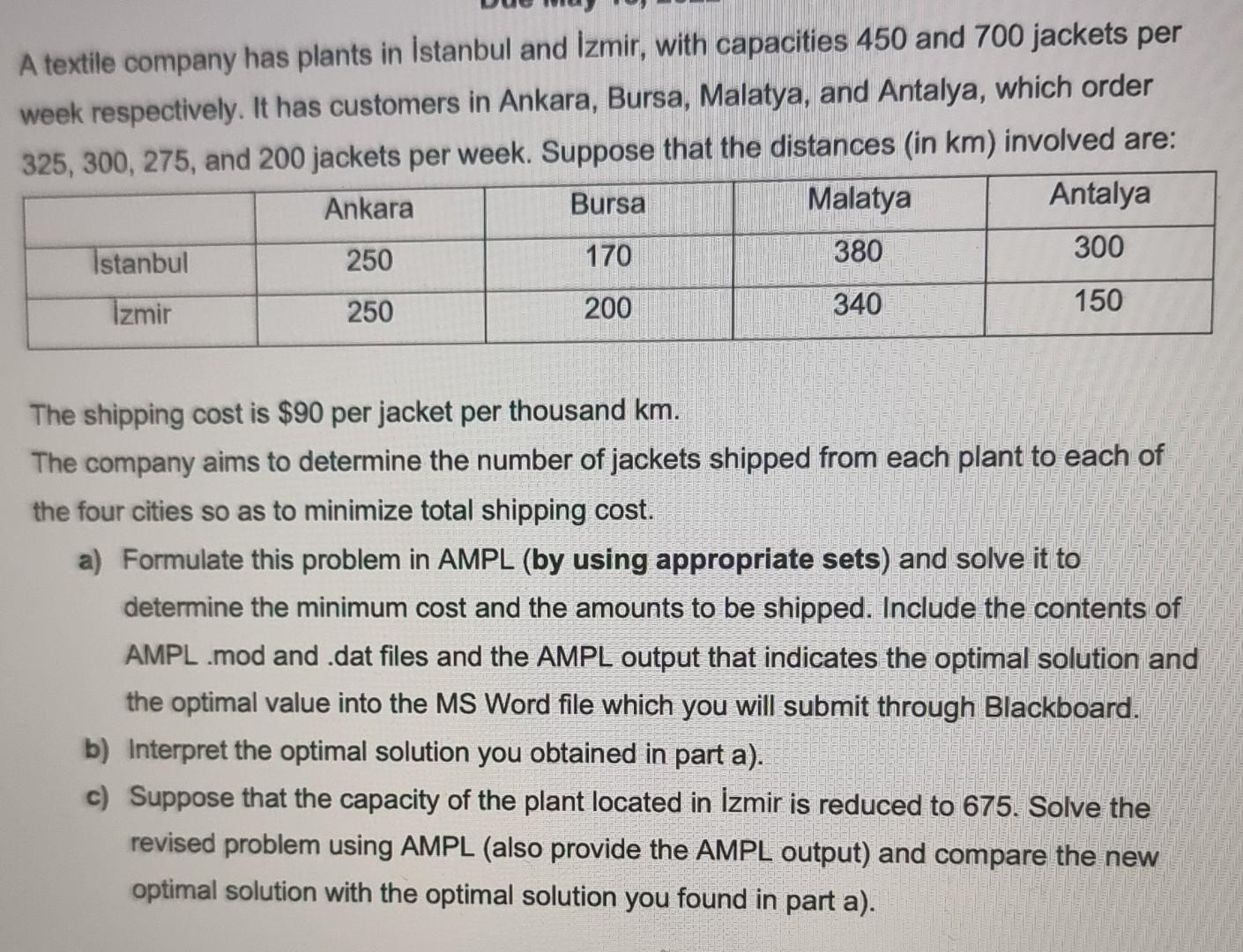 A Textile Company Has Plants In Istanbul And Izmir With Capacities 450 And 700 Jackets Per Week Respectively It Has Cu 1