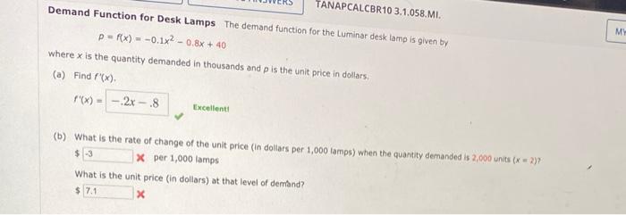 Tanapcalcbr10 3 1 058 Mi M Demand Function For Desk Lamps The Demand Function For The Luminar Desk Lamp Is Given By P 1