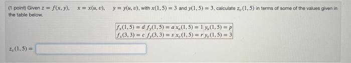 Point Given Z F X Y X X U V Y Y U V With X 1 5 3 And Y 1 5 3 Calculate Z 1 5 In Terms Of Some 1
