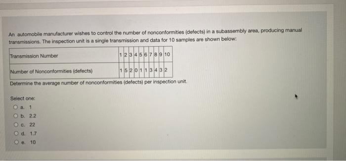 An Automobile Manufacturer Wishes To Control The Number Of Nonconformities Defects In A Subassembly Area Producing Ma 1