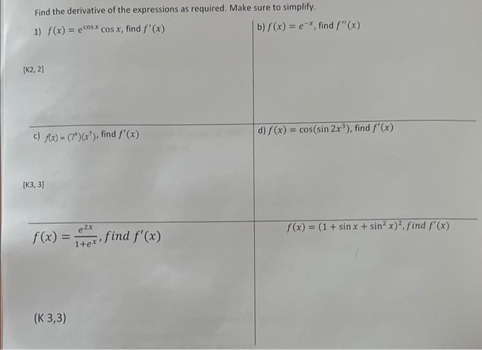 Find The Derivative Of The Expressions As Required Make Sure To Simplify 1 F X Ecos Cos X Find F X B F X E 1