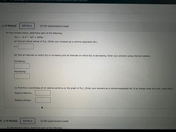 Gp 4dood 1 41 Points Details 0 100 Submissions Used For The Function Below Determine Each Of The Following X 6 9x2 1