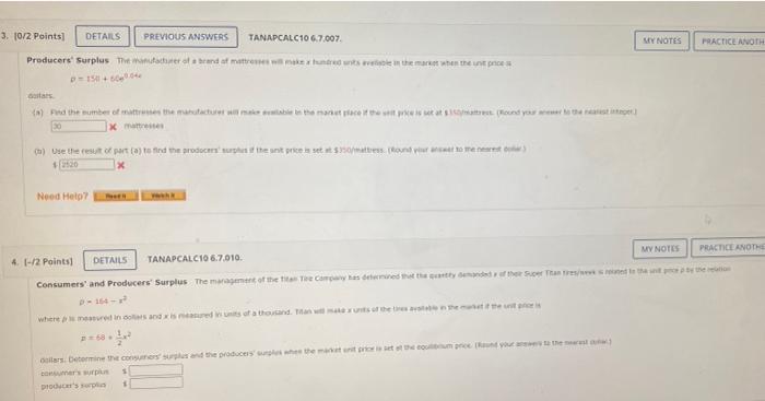 3 10 2 Points Details Previous Answers Tanapcalc10 6 7 007 Mynotes Practice Anoth Producers Surplus Theater And Market 1