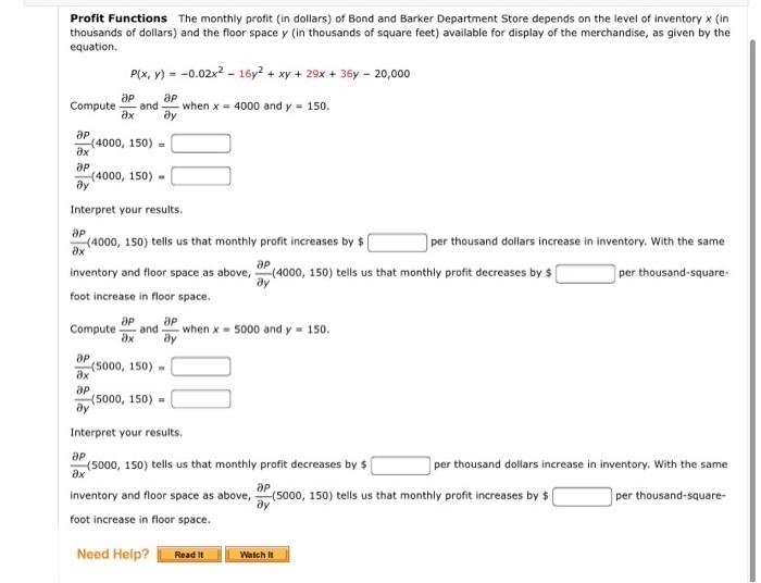 Profit Functions The Monthly Profit In Dollars Of Bond And Barker Department Store Depends On The Level Of Inventory 1