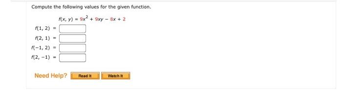 Compute The Following Values For The Given Function F X 9x2 3xy 8x 2 F 1 2 F 2 1 F 1 2 F 2 1 1