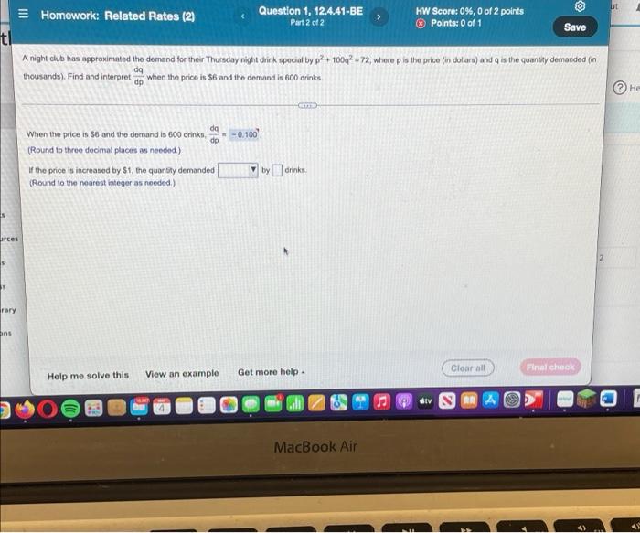 Ut Homework Related Rates 2 Question 1 12 4 41 Be Part 2 Of 2 Hw Score 0 0 Of 2 Points Points 0 Of 1 Save Tl A 1