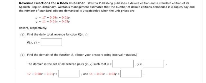 Revenue Functions For A Book Publisher Weston Publishing Publishes A Deluxe Edition And A Standard Edition Of Its Spanis 1