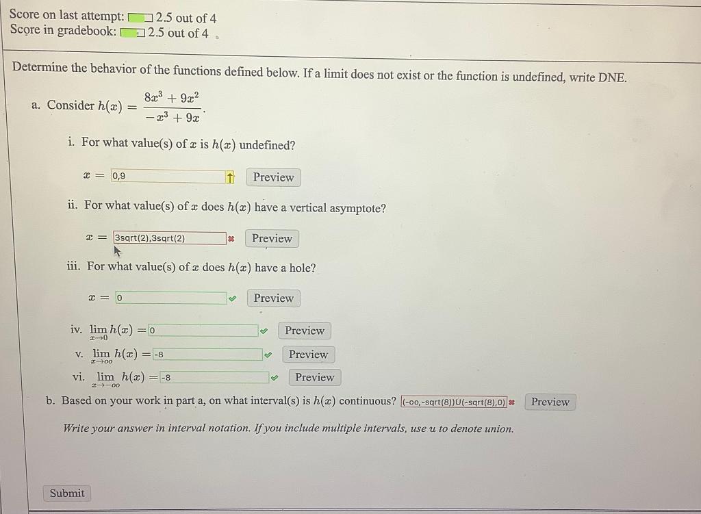 Score On Last Attempt 2 5 Out Of 4 Score In Gradebook 2 5 Out Of 4 Determine The Behavior Of The Functions Defined Be 1
