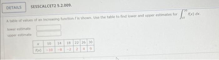 Details Sesscalcet2 5 2 009 Toon On 30 Kx Dx A Table Of Values Of An Increasing Function Is Shown Use The Table To F 1