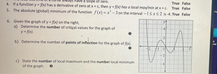 Dlways A Slope Of Zero True False 4 If A Function Y F X Has A Derivative Of Zero At X C Then Y F X Has A Loca 1