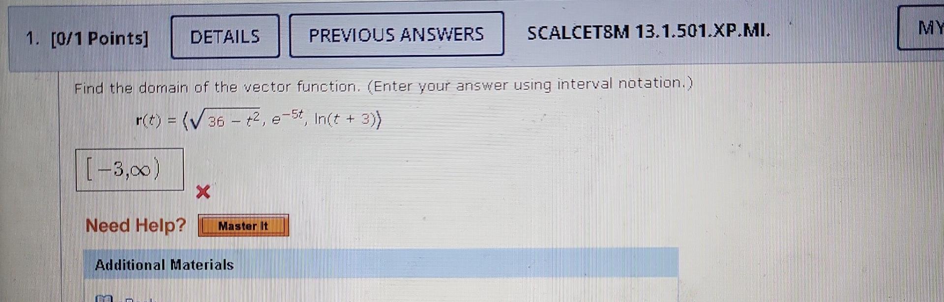 Details 1 0 1 Points Previous Answers My Scalcetom 13 1 501 Xp Mi Find The Domain Of The Vector Function Enter You 1