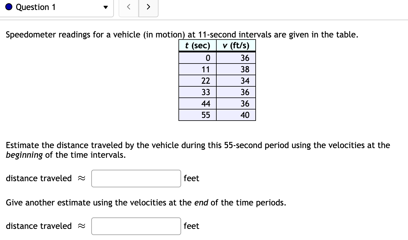 Question 1 Speedometer Readings For A Vehicle In Motion At 11 Second Intervals Are Given In The Table T Sec V Ft 1