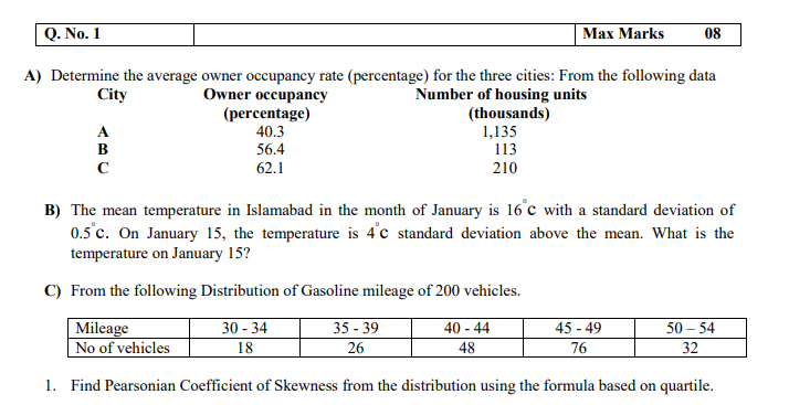 Q No 1 Max Marks 08 A Determine The Average Owner Occupancy Rate Percentage For The Three Cities From The Followin 1