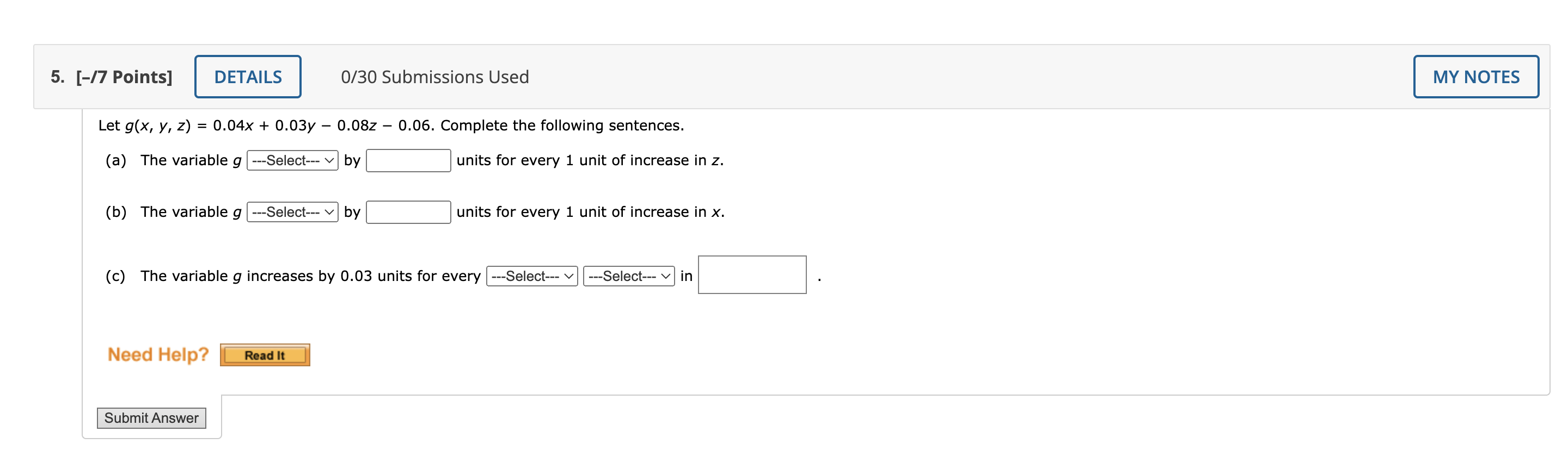 Let G X Y Z 0 04x 0 03y 0 08z 0 06 Complete The Following Sentences A The Variable G Select Increa 1