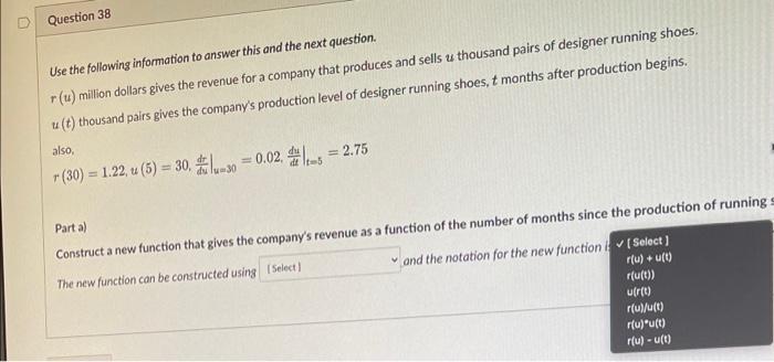 Question 38 Use The Following Information To Answer This And The Next Question R U Million Dollars Gives The Revenue F 1
