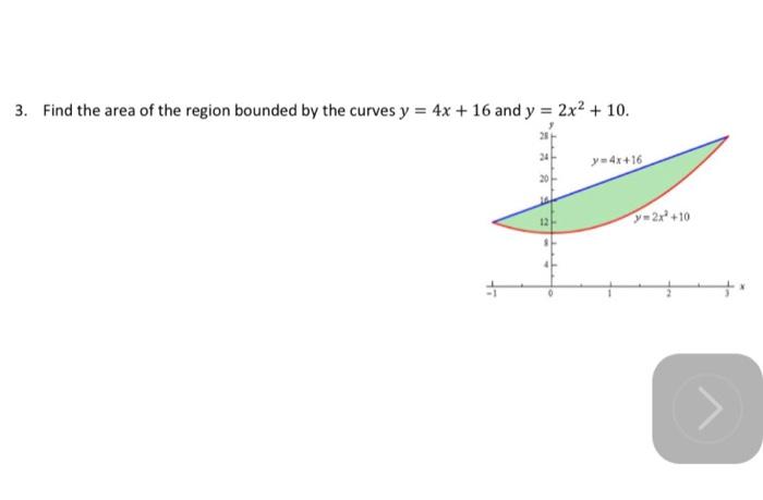 3 Find The Area Of The Region Bounded By The Curves Y 4x 16 And Y 2x2 10 Y 4x 16 Y 22 10 1
