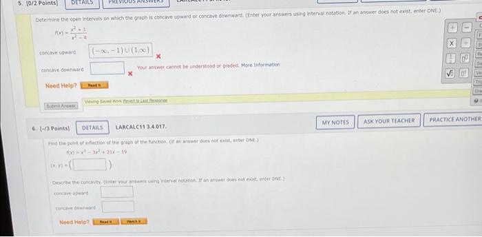 5 10 2 Points Details Determine The Open Intervals On Which The Graph Concave Upward Or Concave Downward Enter Your 1