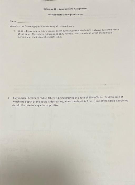 Calculus 12 Applications Assignment Related Rate And Optimization Name Complete The Following Questions Showing All R 1