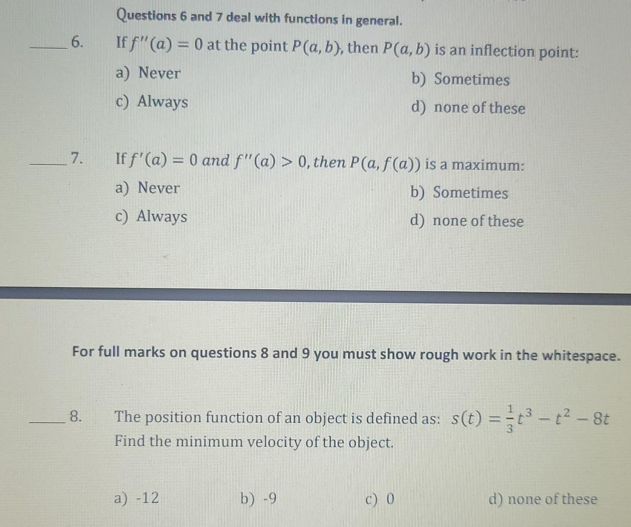 Part A Knowledge And Understanding 20 Marks For The Graph Below The Concavity Switches At X 1 7 And 0 And There 3