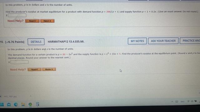 In This Problem Pis In Dollars And Is The Number Of Units Find The Producer S Surplus At Market Equilibrium For A Produ 1