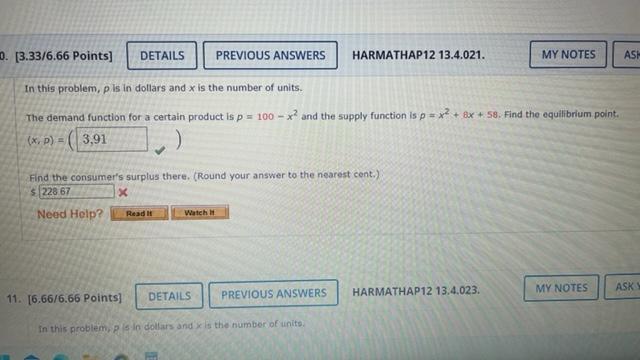 0 3 33 6 66 Points Details Previous Answers Harmathap12 13 4 021 My Notes Ash In This Problem Pls In Dollars And X 1