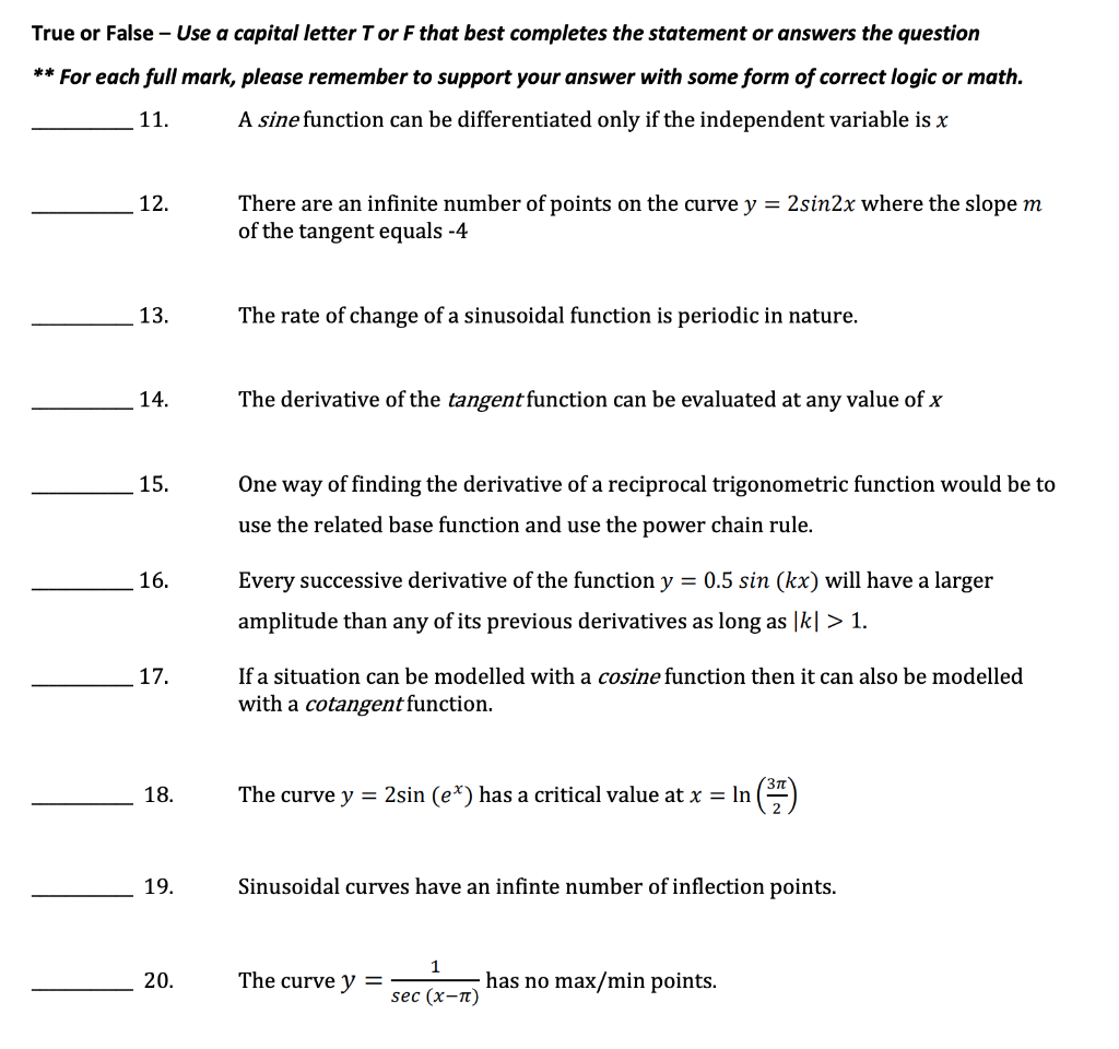 True Or False Use A Capital Letter T Or F That Best Completes The Statement Or Answers The Question For Each Full M 1
