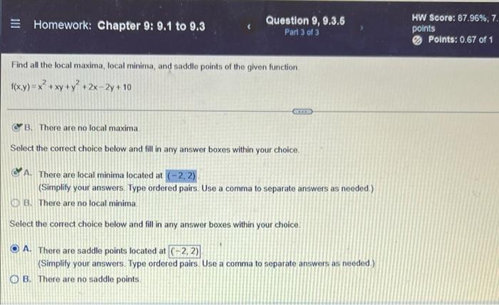 Homework Chapter 9 9 1 To 9 3 Question 9 9 3 6 Part 3 Of 3 Hw Score 87 96 7 Points Points 0 67 Of 1 Find All The 1