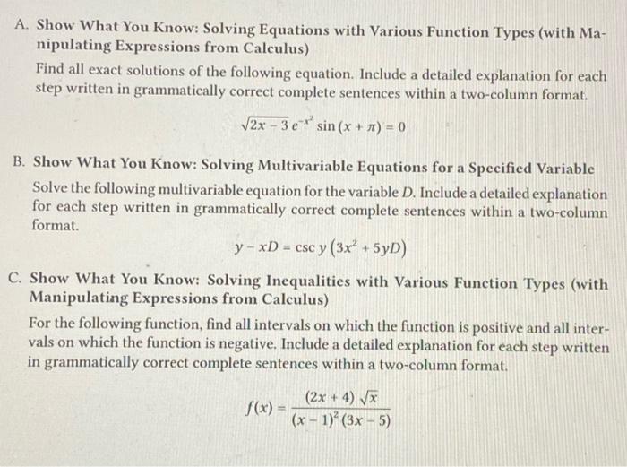 A Show What You Know Solving Equations With Various Function Types With Ma Nipulating Expressions From Calculus Fin 1