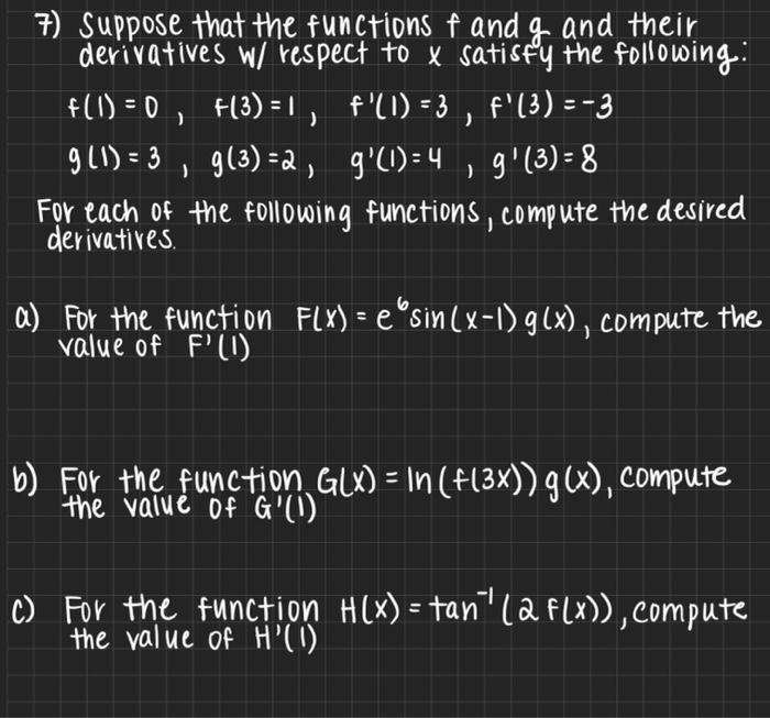7 Suppose That The Functions F And G And Their Derivatives W Respect To X Satisfy The Following F 1 0 3 1