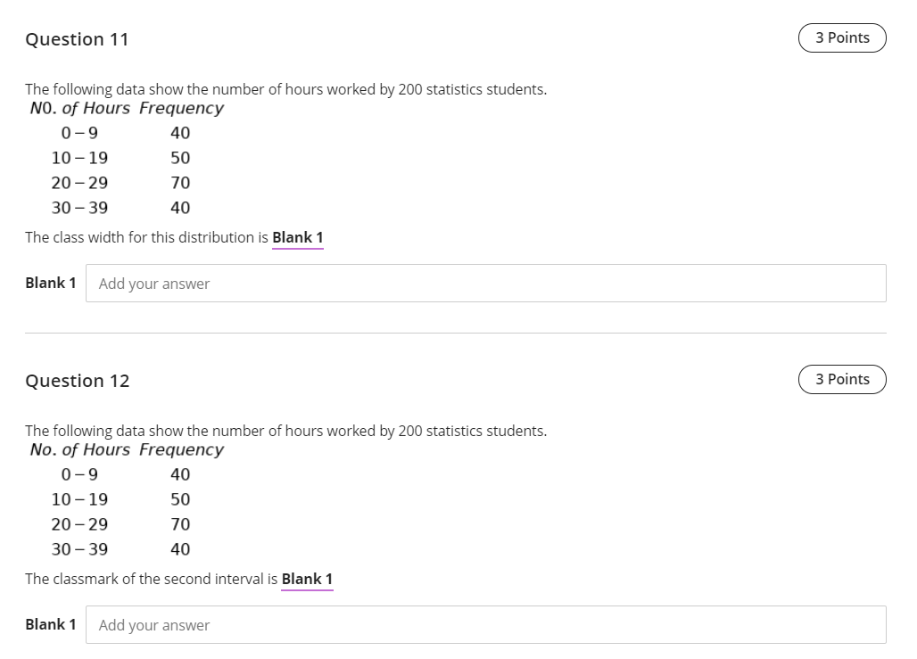 Question 11 3 Points The Following Data Show The Number Of Hours Worked By 200 Statistics Students No Of Hours Frequen 1