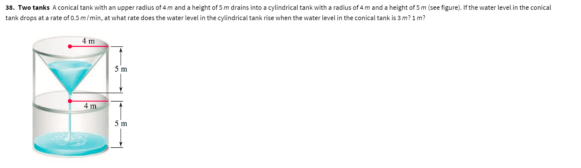 38 Two Tanks A Conical Tank With An Upper Radius Of 4 M And A Height Of 5 M Drains Into A Cylindrical Tank With A Radiu 1