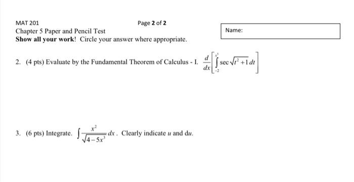 Mat 201 Page 2 Of 2 Chapter 5 Paper And Pencil Test Show All Your Work Circle Your Answer Where Appropriate Name 2 1