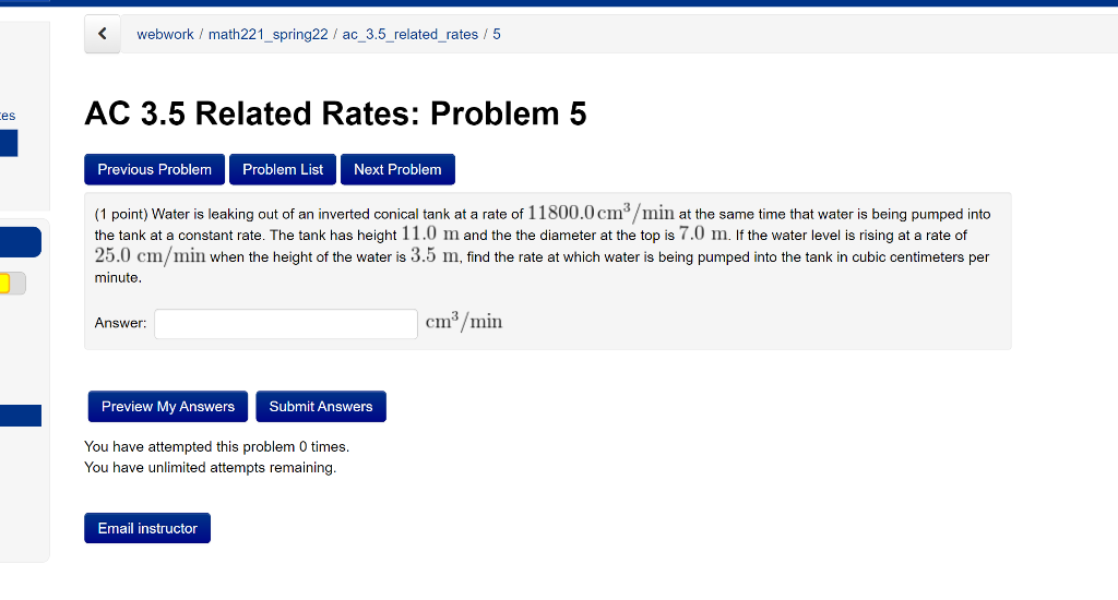 Webwork Math221 Spring22 Ac 3 5 Related Rates 5 Es Ac 3 5 Related Rates Problem 5 Previous Problem Problem List 1