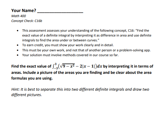 Your Name Math 400 Concept Check C161 This Assessment Assesses Your Understanding Of The Following Concept C16 Find 1