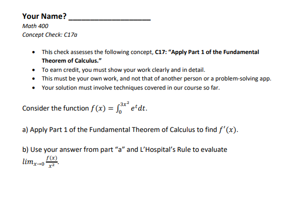 Your Name Math 400 Concept Check C170 This Check Assesses The Following Concept C17 Apply Part 1 Of The Fundament 1